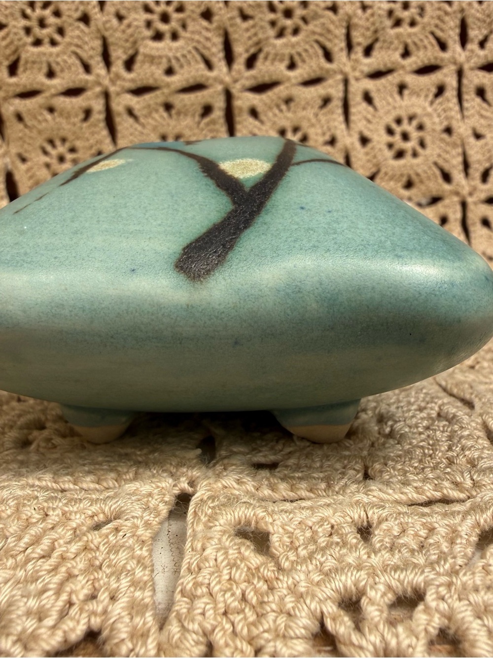 Vintage Studio Pottery Pillow Ikebana Vase Flower Frog Stamped MK Blue Teal - Picture 5 of 11